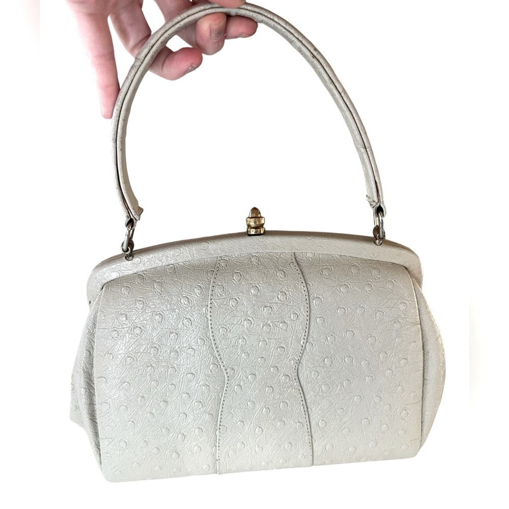 Vintage Genuine Ostrich Skin Leather Handbag/ Top Handle Bag White Mcm Purse